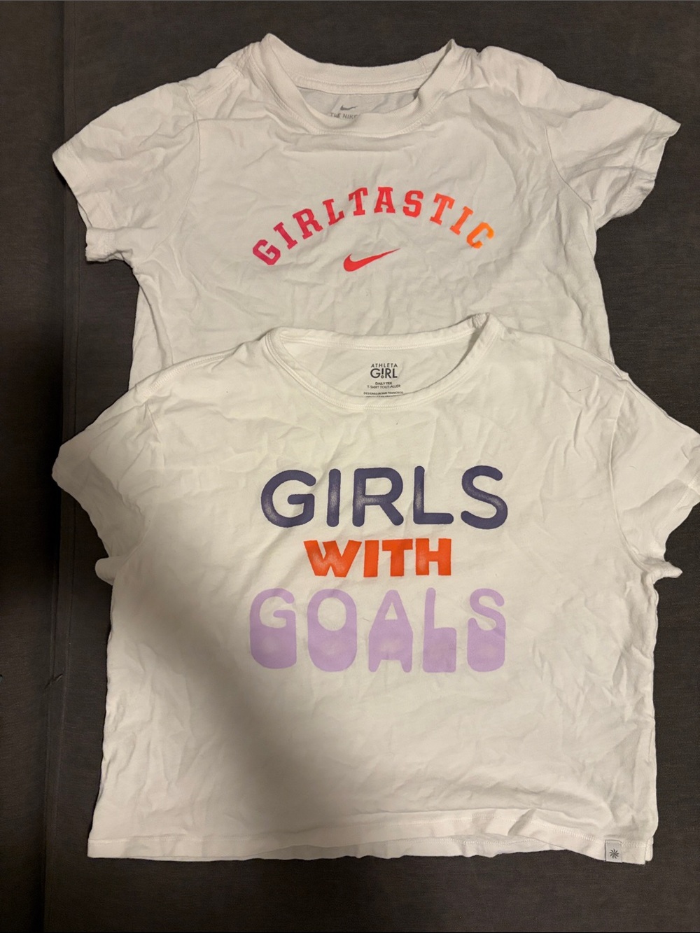 Athleta Girl White Tee and Nike with Purple and Orange Graphic